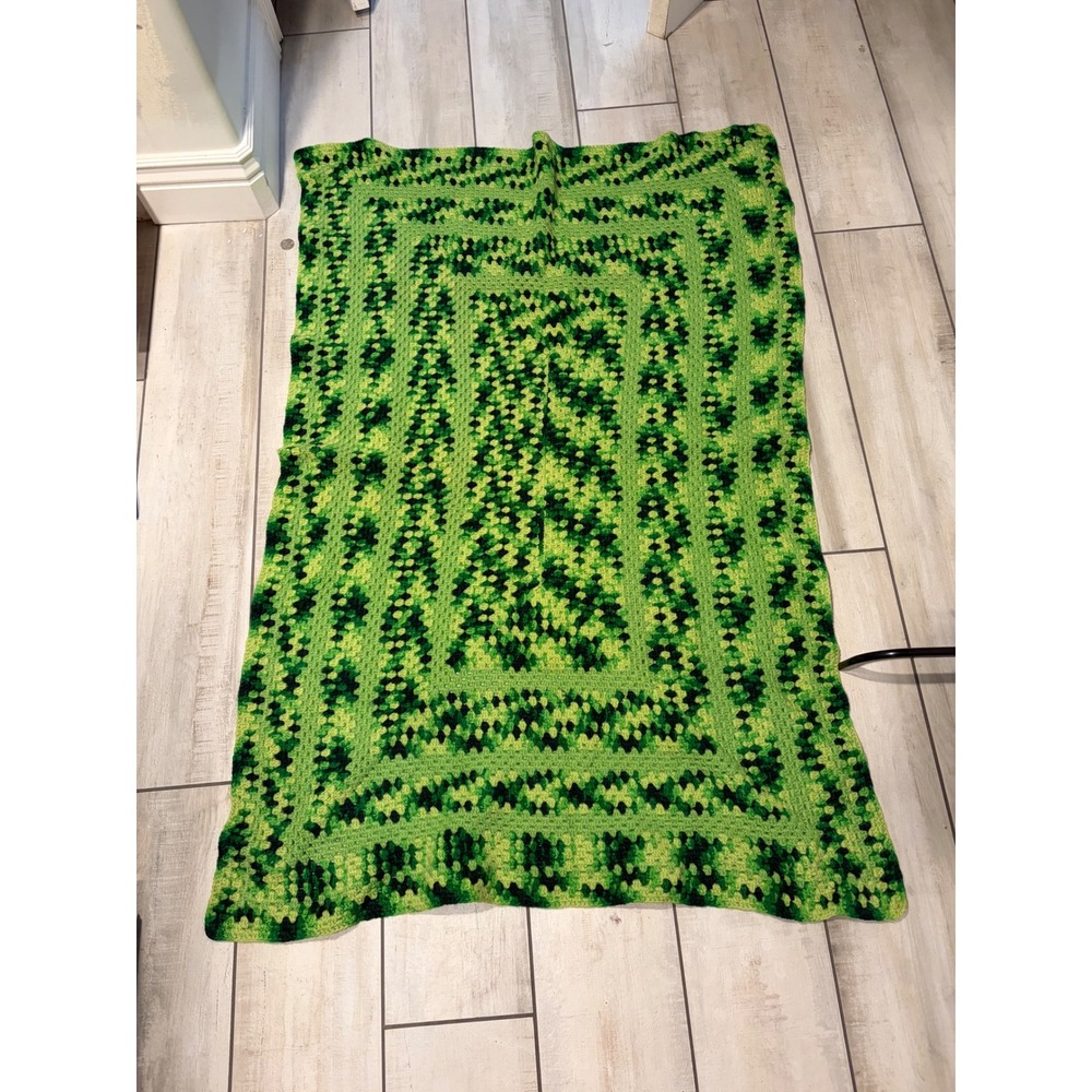 Handmade Crochet Granny Square Throw Blanket Green Black Variegated Afghan